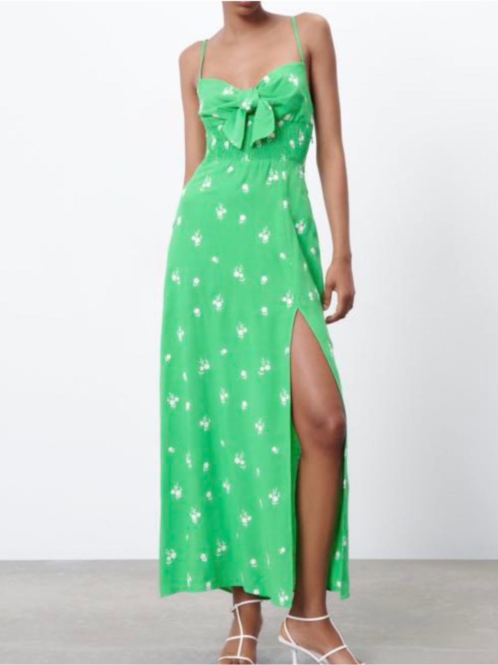 Zara Smoked Waist Green Embroidered White Flowers Midi Dress L